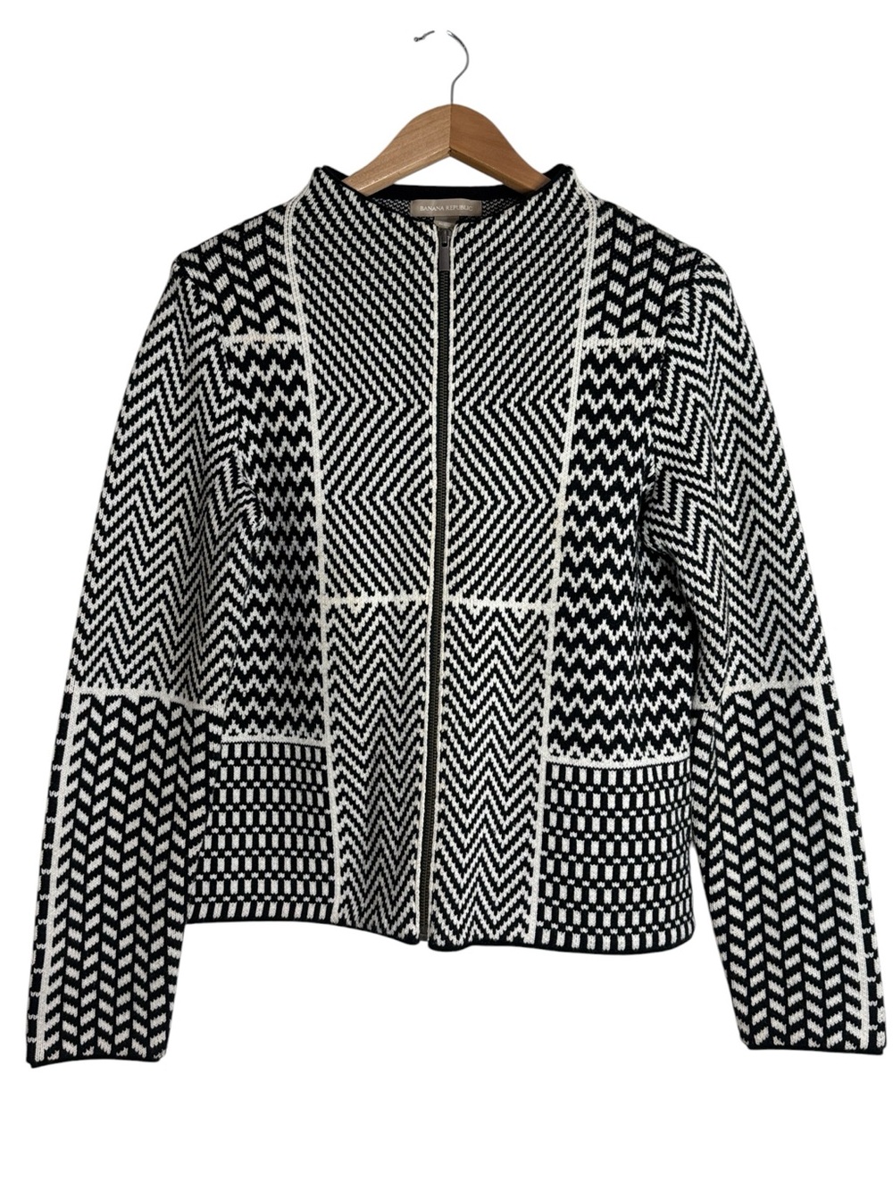 Banana Republic Mock-neck Zip Front Geo Patterned Cashmere Blend Knit Cardigan L